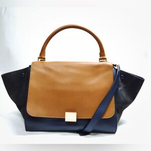 Authentic Celine Tri Color Trapeze Size Medium Bag Leather Suede Navy Black
